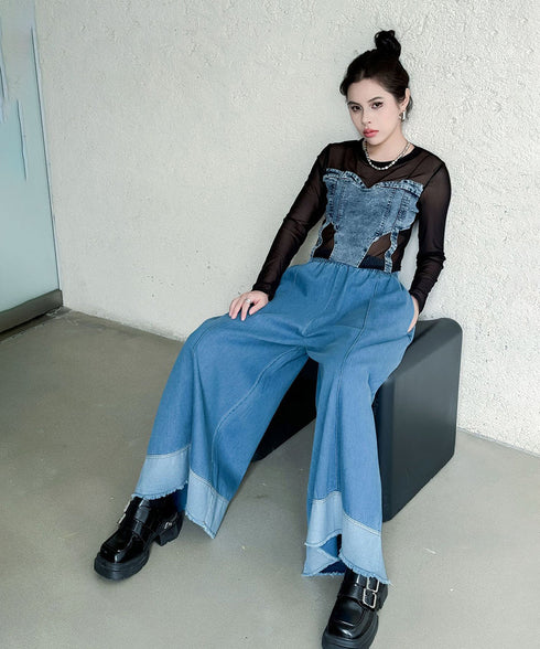 Stitch Contrast Color Wide Denim